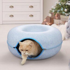 CAT BED 24 X 24 X 11 Inches Large Cat Tunnel Bed, Peekaboo Cat Cave BLUE